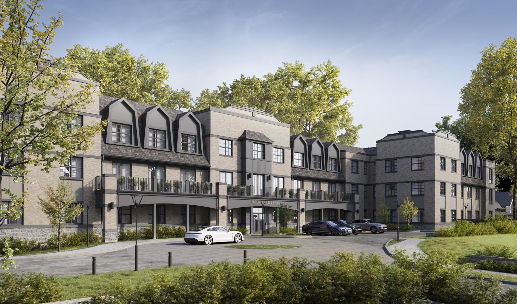 a building with cars parked in front